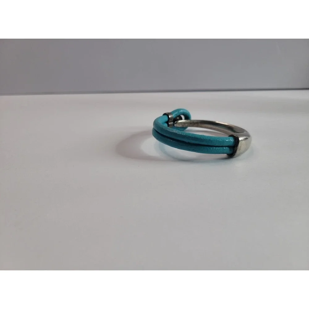 Blue Faux Leather Silver Tone Mixed Media Cuff Bracelet Modern Statement Jewelry